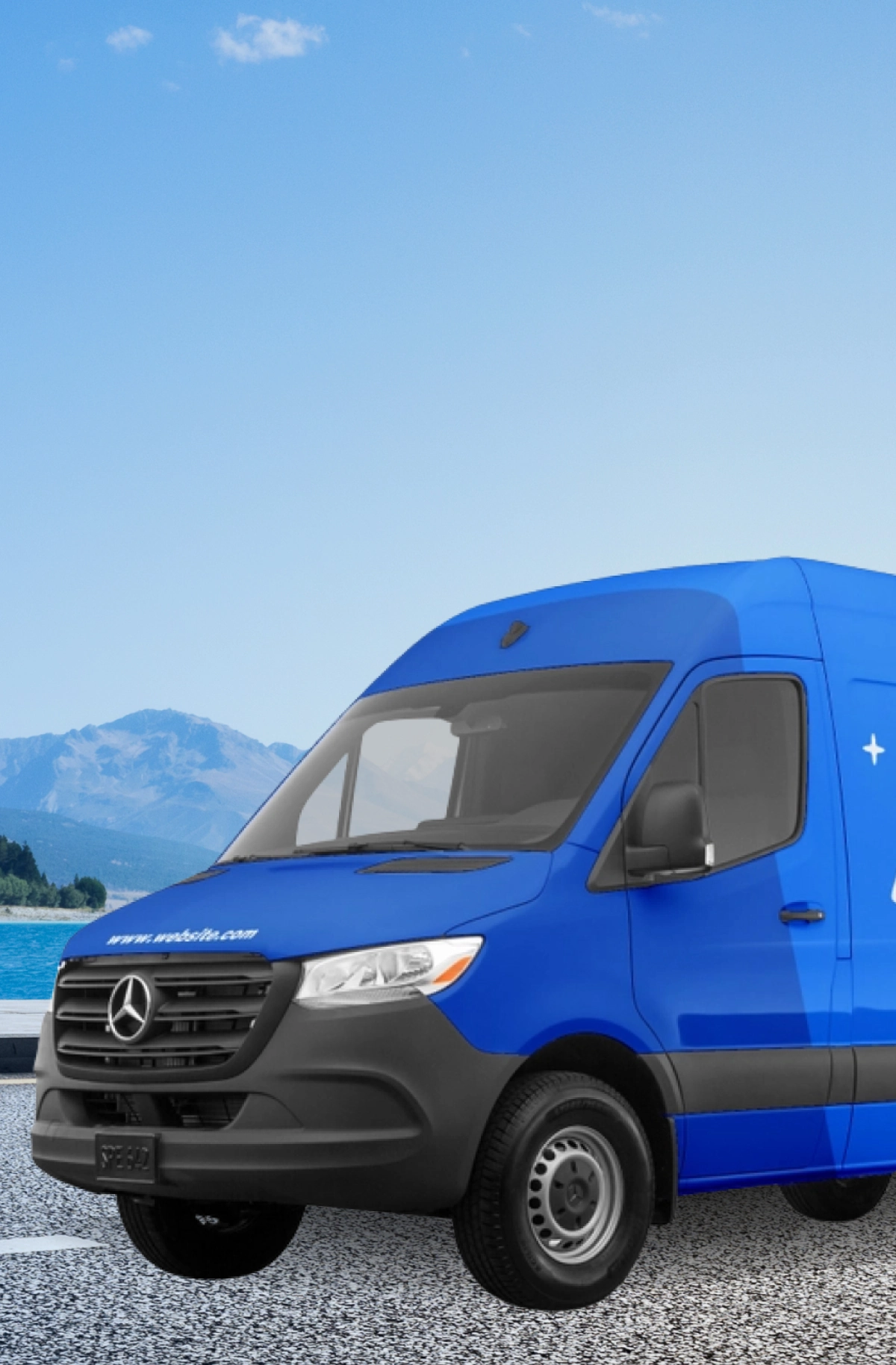 Image of a blue wrapped van on an open road